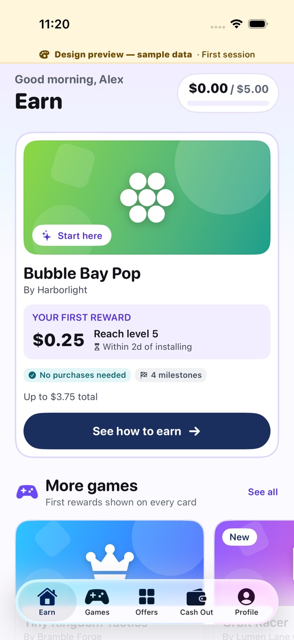 Design preview of the native Earn screen: a sample game card marked Start here, with its first reward and conditions. Sample data, not a live offer.