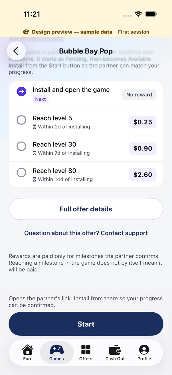 Design preview of the native milestone checklist for a sample game, with the next step highlighted and a reward beside each milestone. Not a live offer.