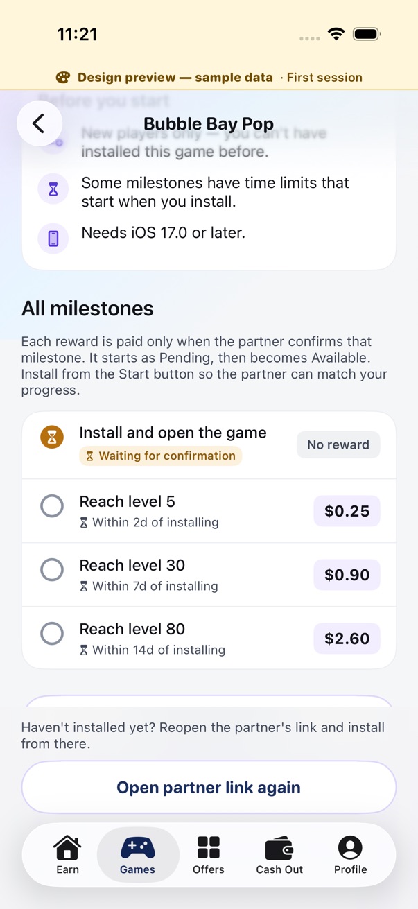 Design preview of a started sample game: the first step is waiting for the partner's confirmation. Not a live offer.
